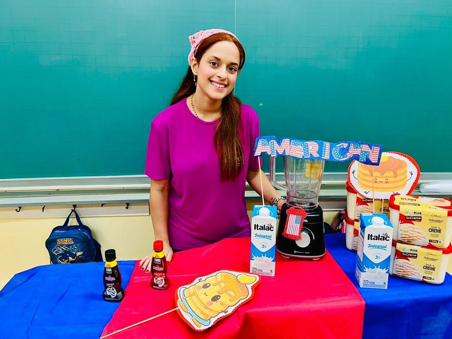 American food day table with milkshake and pancakes